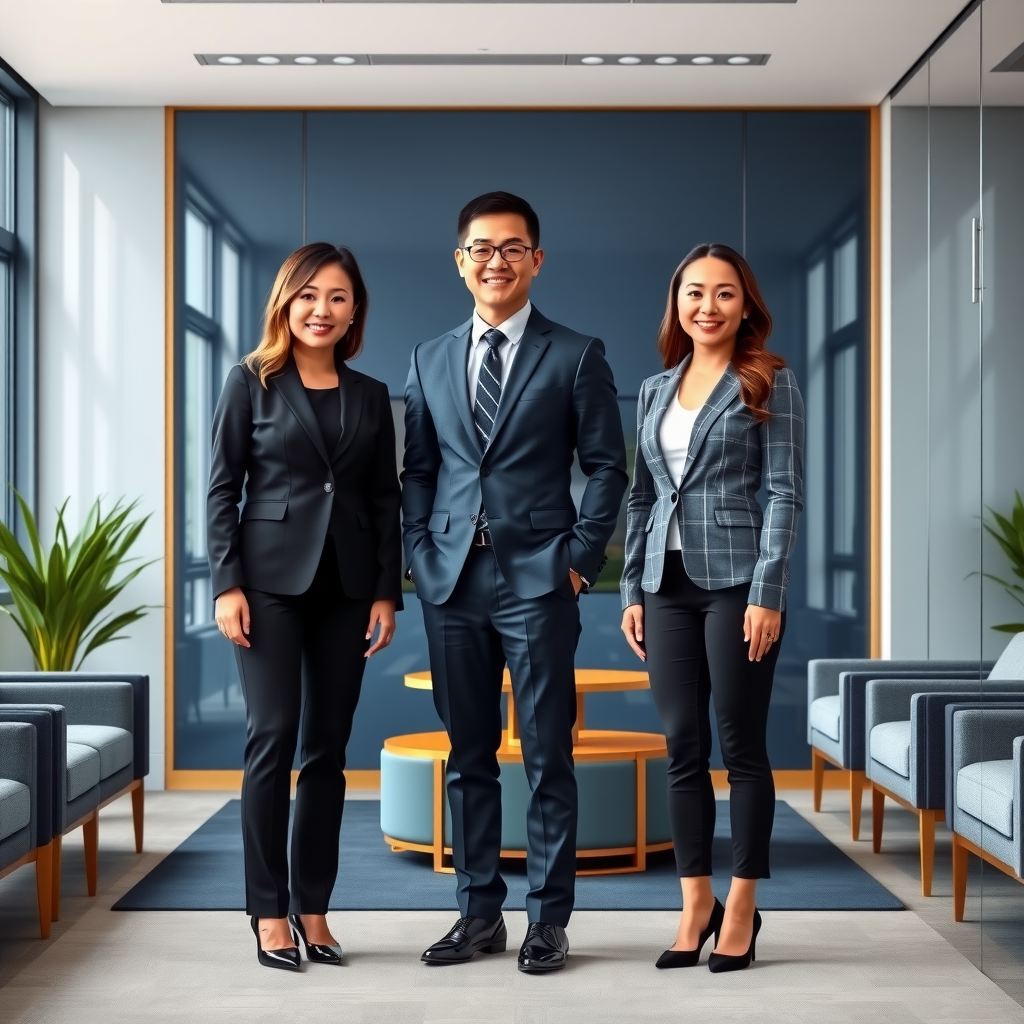 Professional group photo of Sunward's executive leadership team including CEO Sarah Mitchell, CFO David Chen, and COO Jennifer Rodriguez in business attire, standing confidently in a modern office setting with navy blue and gold accents