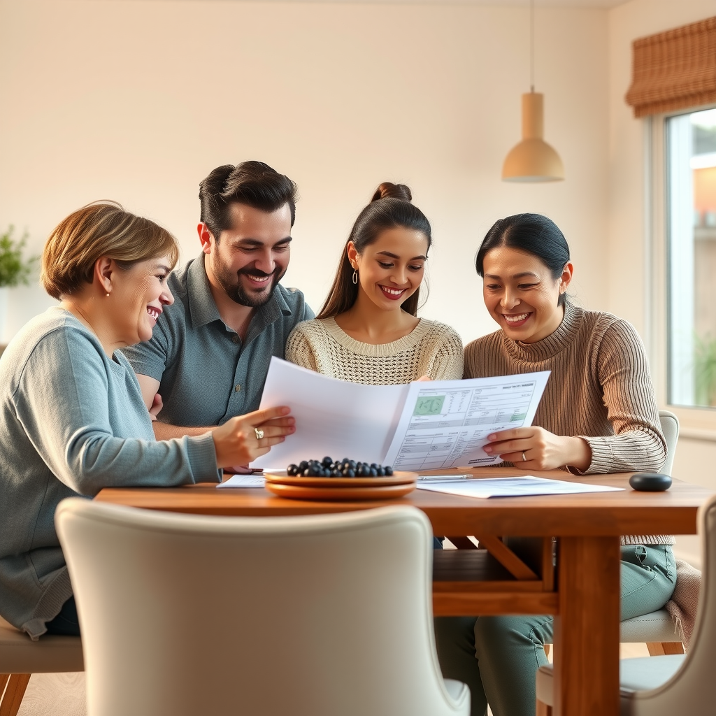 A happy family of four sitting together at a dining table reviewing financial documents and planning their future, with warm natural lighting creating a comfortable and secure atmosphere