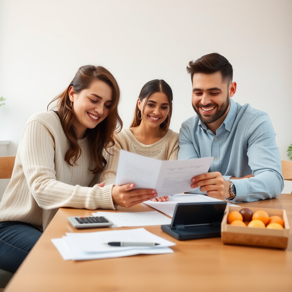 Happy family sitting together at a dining table reviewing financial documents and planning their future, smiling and discussing personal financing options with papers and calculator visible