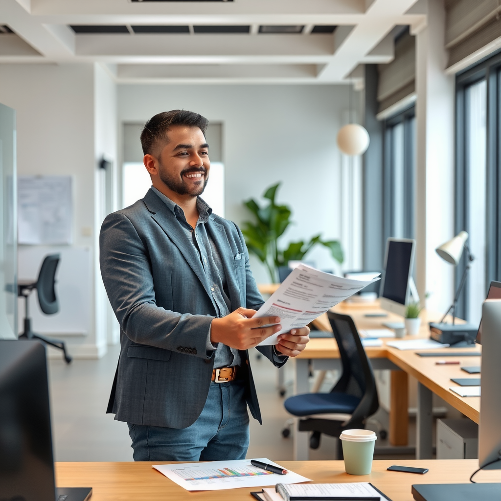 Confident business owner standing in their modern office space, reviewing financial documents with a satisfied expression, surrounded by professional equipment and a well-organized workspace that reflects successful business operations