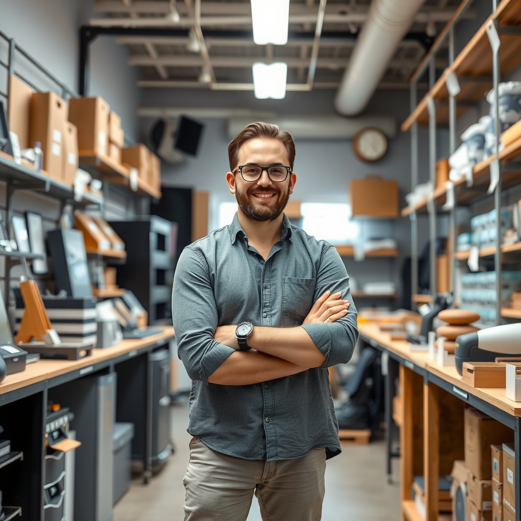 A confident business owner standing in their modern shop or office space, surrounded by products and equipment, with professional lighting highlighting their entrepreneurial success and determination