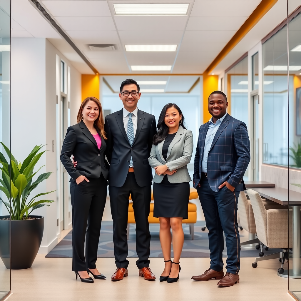Professional group photo of Sunward's client services managers including Patricia Anderson, James Martinez, Rachel Kim, and Thomas Brown in business attire, standing together with welcoming smiles in a bright, modern office environment with gold and navy accents