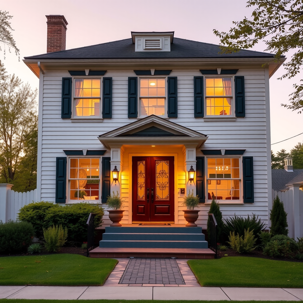 A beautiful two-story residential property with a welcoming front entrance, manicured lawn, and charming architectural details, photographed during golden hour with warm inviting lighting